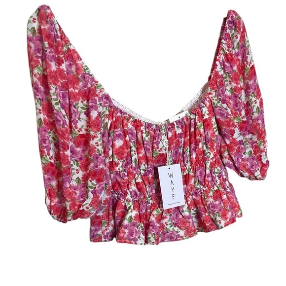 WAYF Avra Pink Red Floral Sweetheart Neckline Cottage Core Peplum Top sz L NWT - Picture 2 of 9